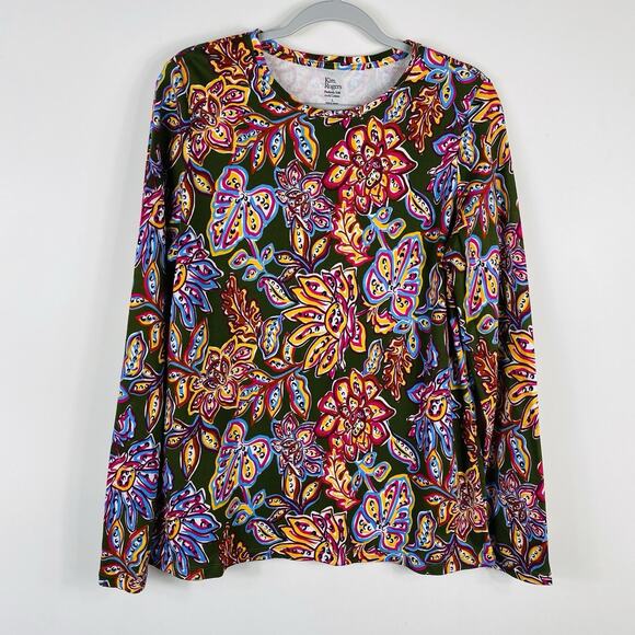 Kim Rogers Sz Large Floral Print Perfectly Soft Long Sleeve Tee Top 100% Cotton - Picture 1 of 4